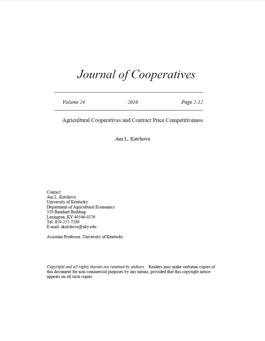 Cover Image Agricultural Cooperatives and Contract Price Competitiveness