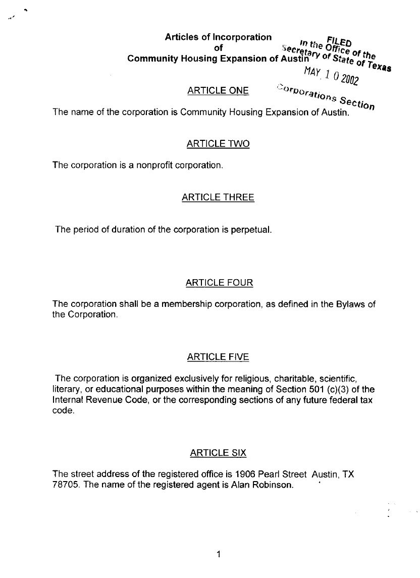 Articles of Incorporation of Community Housing Expansion
