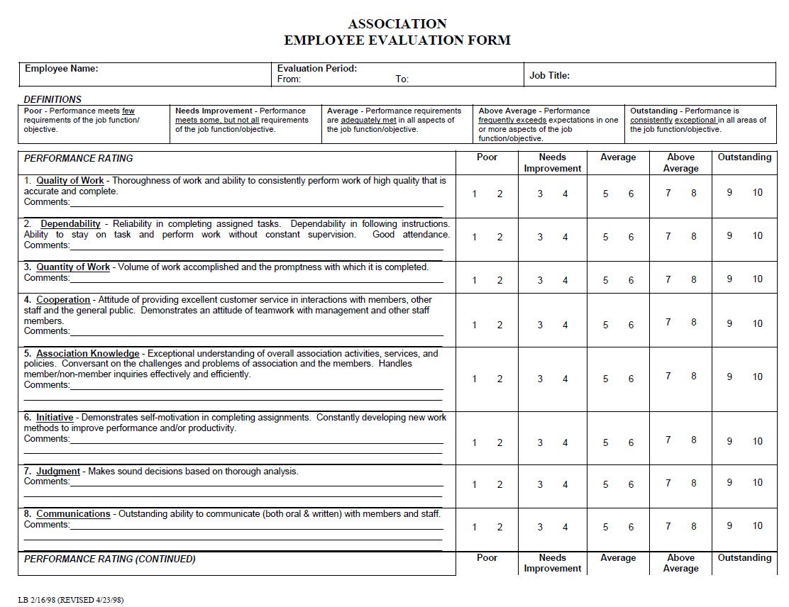 Cover Image Association Employee Evaluation Form