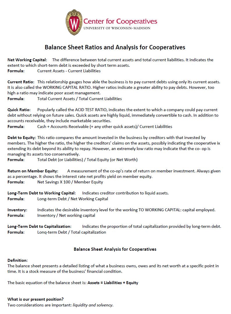 Cover Image Balance Sheet Ratios and Analysis for Cooperatives
