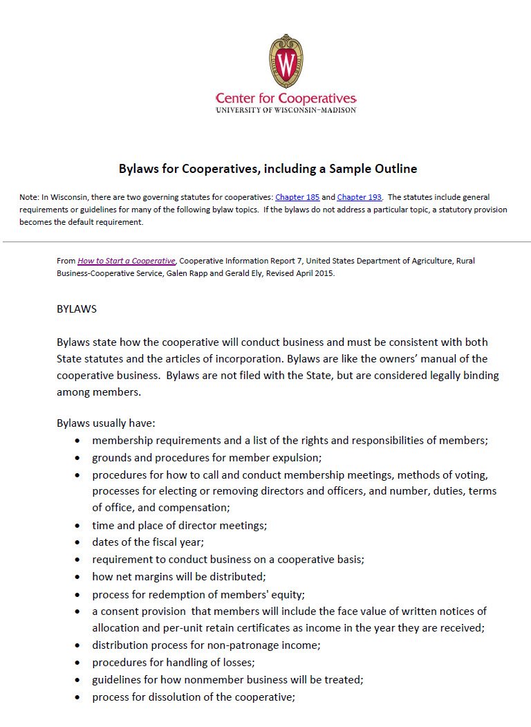 Bylaws for Cooperatives including a Sample Outline