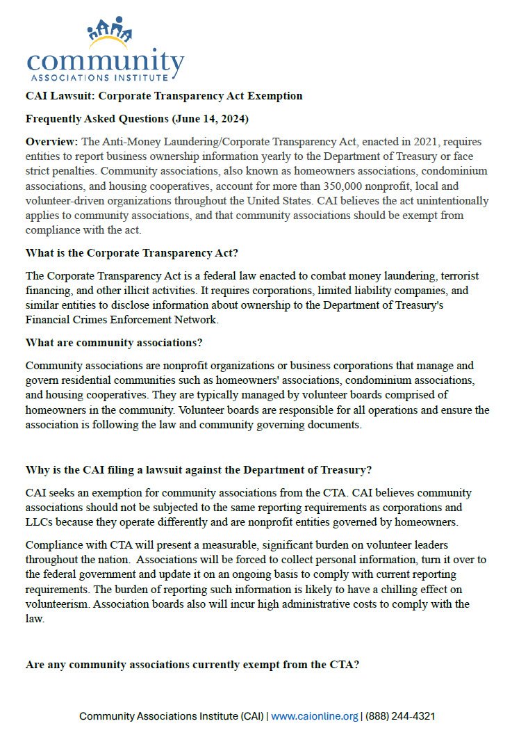 CAI Lawsuit Corporate Transparency Act Exemption FAQ