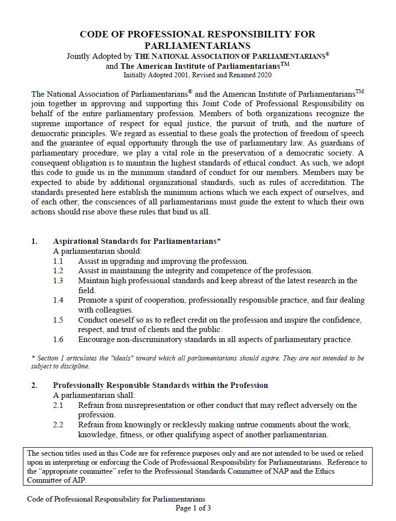 Cover Image Code of Professional Responsibility for Parliamentarians