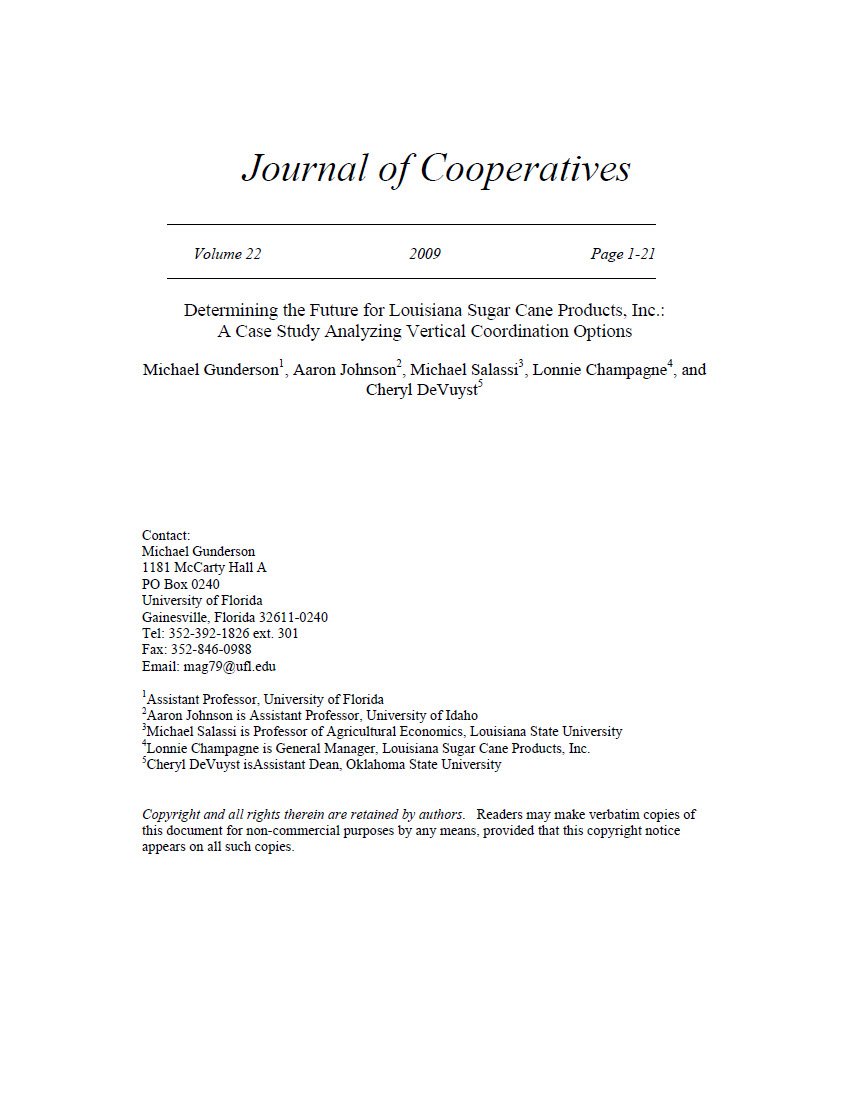 Cover Image Determining the Future for Louisiana Sugar Cane Products