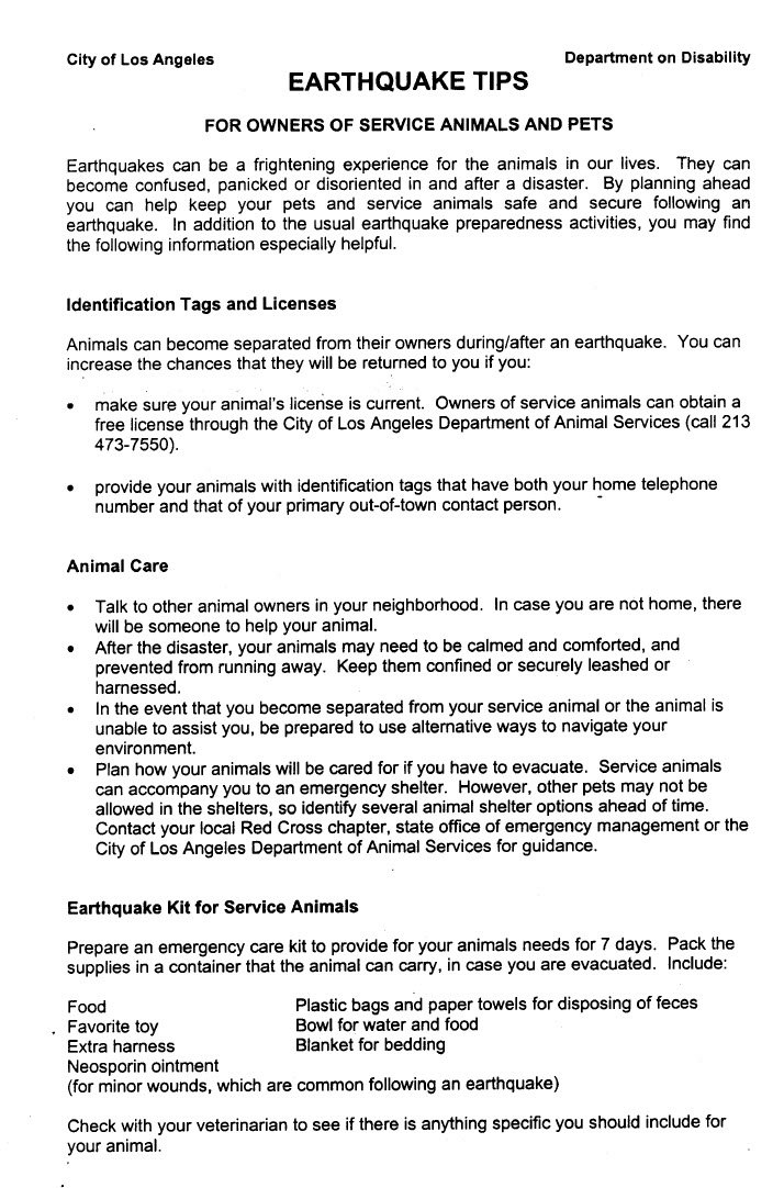 Cover Image Earthquake tips for owners of service animals and pets