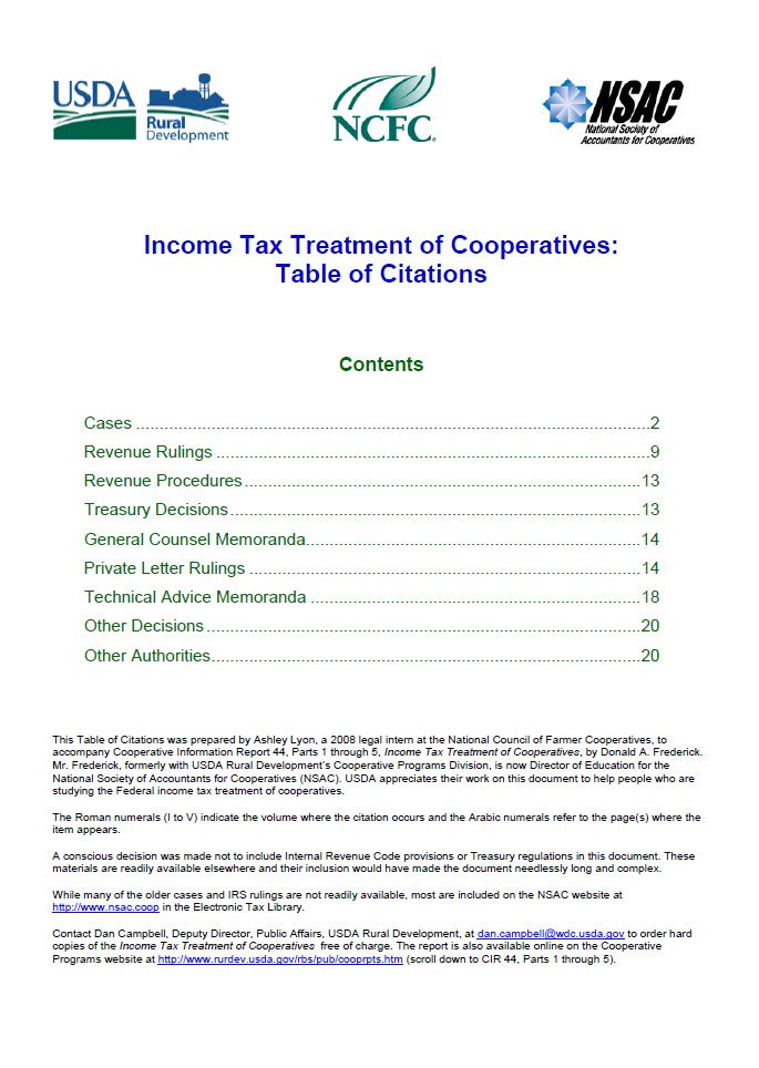 Cover Image Income Tax Treatment of Cooperatives Table of Citations