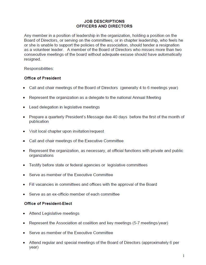 Job Descriptions – Officers and Directors