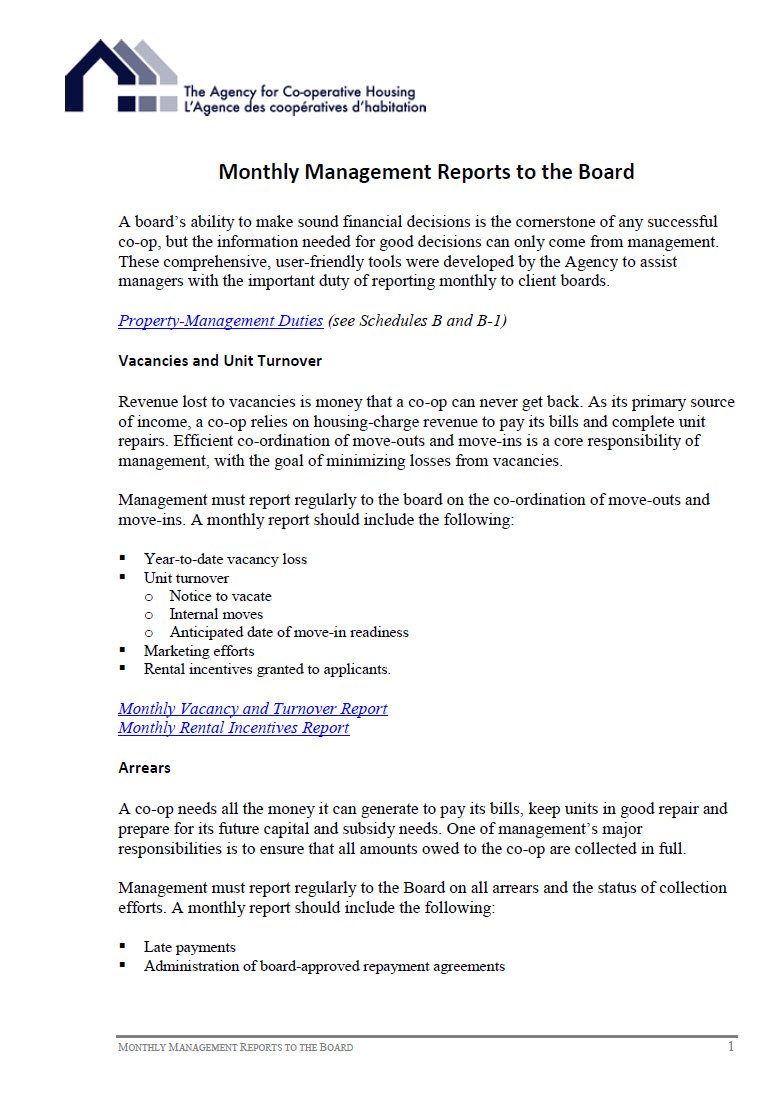 Cover Image Monthly Management Reports to the Board
