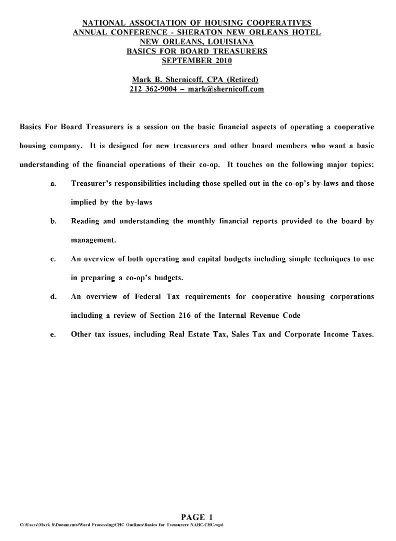 NAHC Basics for Treasurers 2010