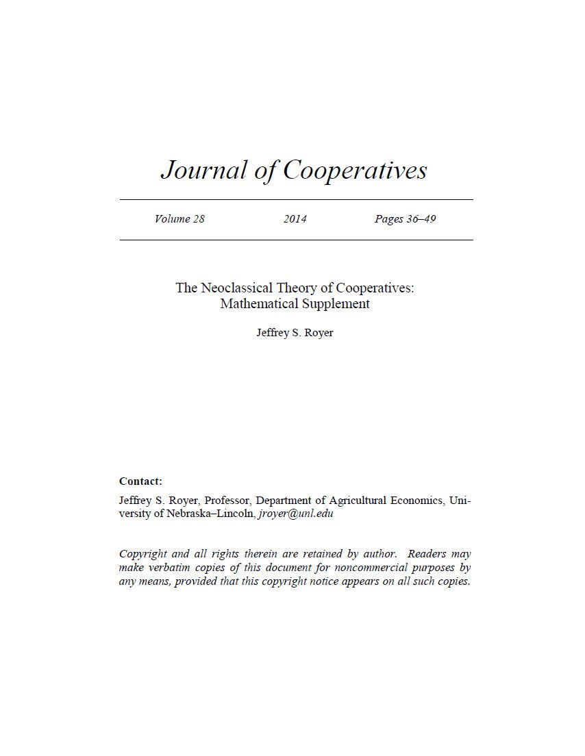Cover Image Neoclassical Theory of cooperatives-Mathematical Supplement