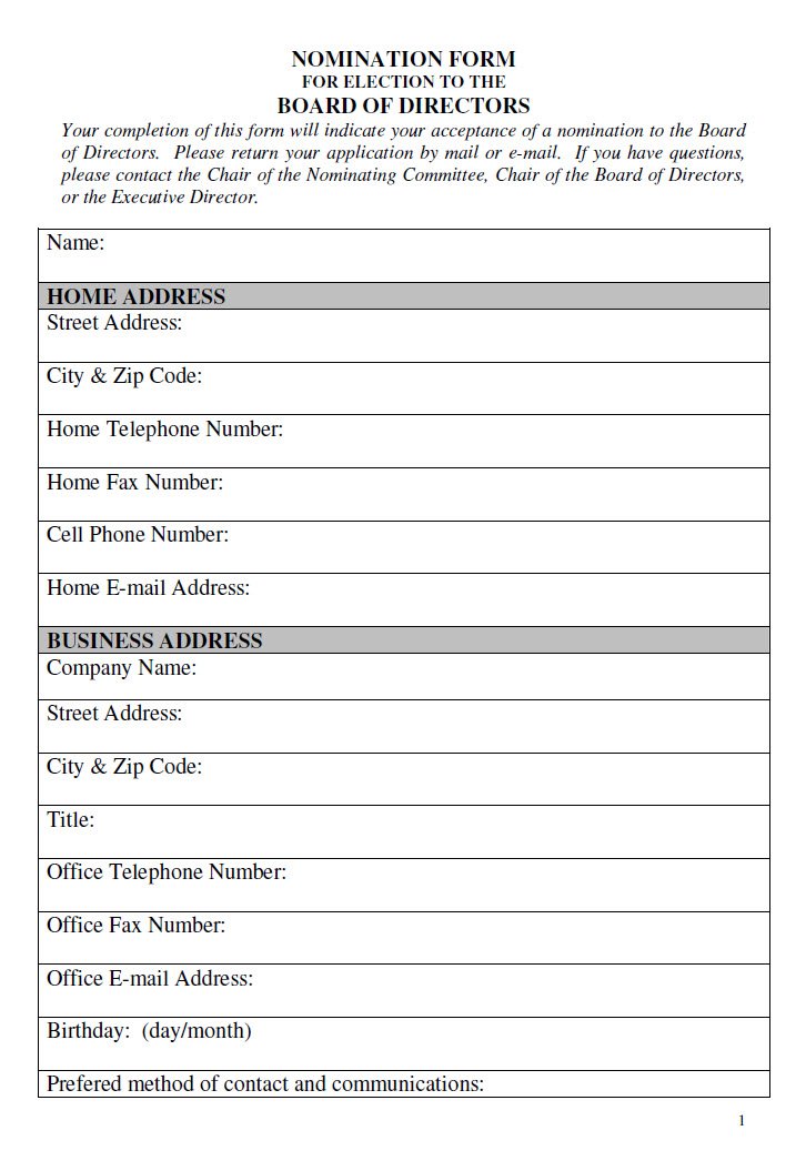 Cover Image Nomination Form for the Election to the Board of Directors
