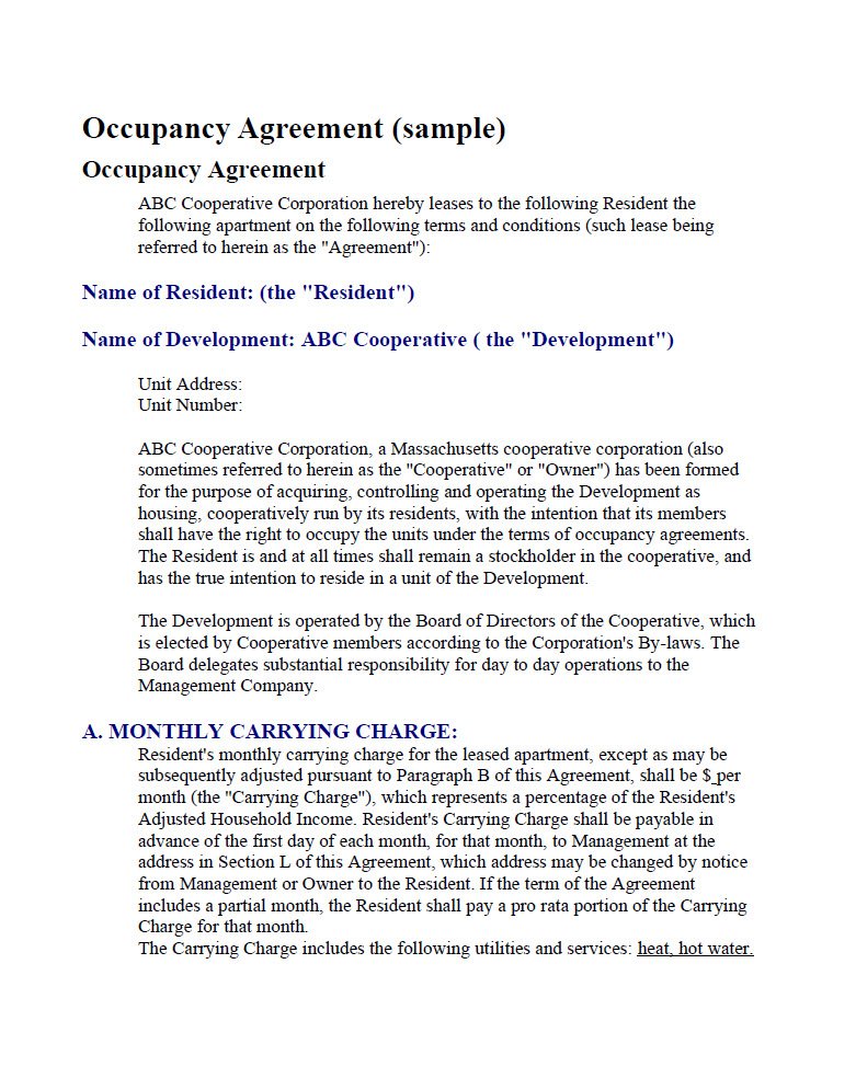 Cover Image Occupancy Agreement