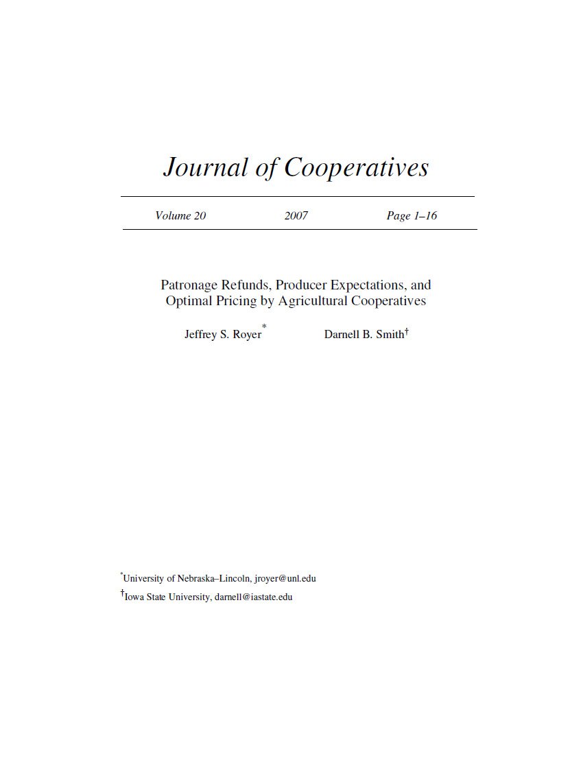 Cover Image Patronage Refunds Producer Expectations and Optimal Pricing