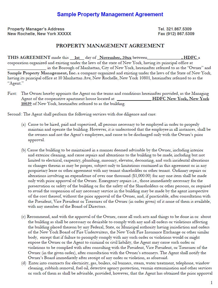 Cover Image Property Management Agreement Sample