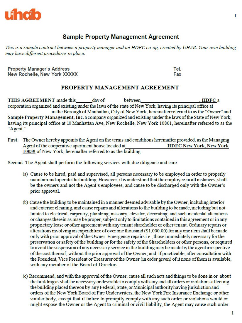 Cover Image Property Management Agreement UHAB