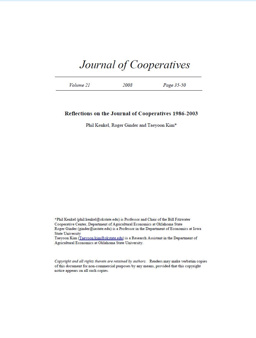 Cover Image Reflections on the Journal of cooperatives-1986-2003