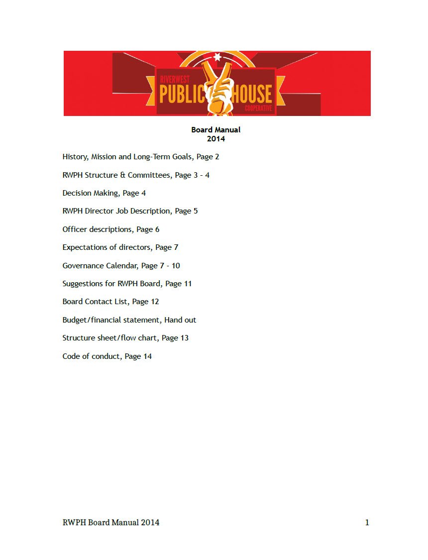 River west Public House Coop Board Manual