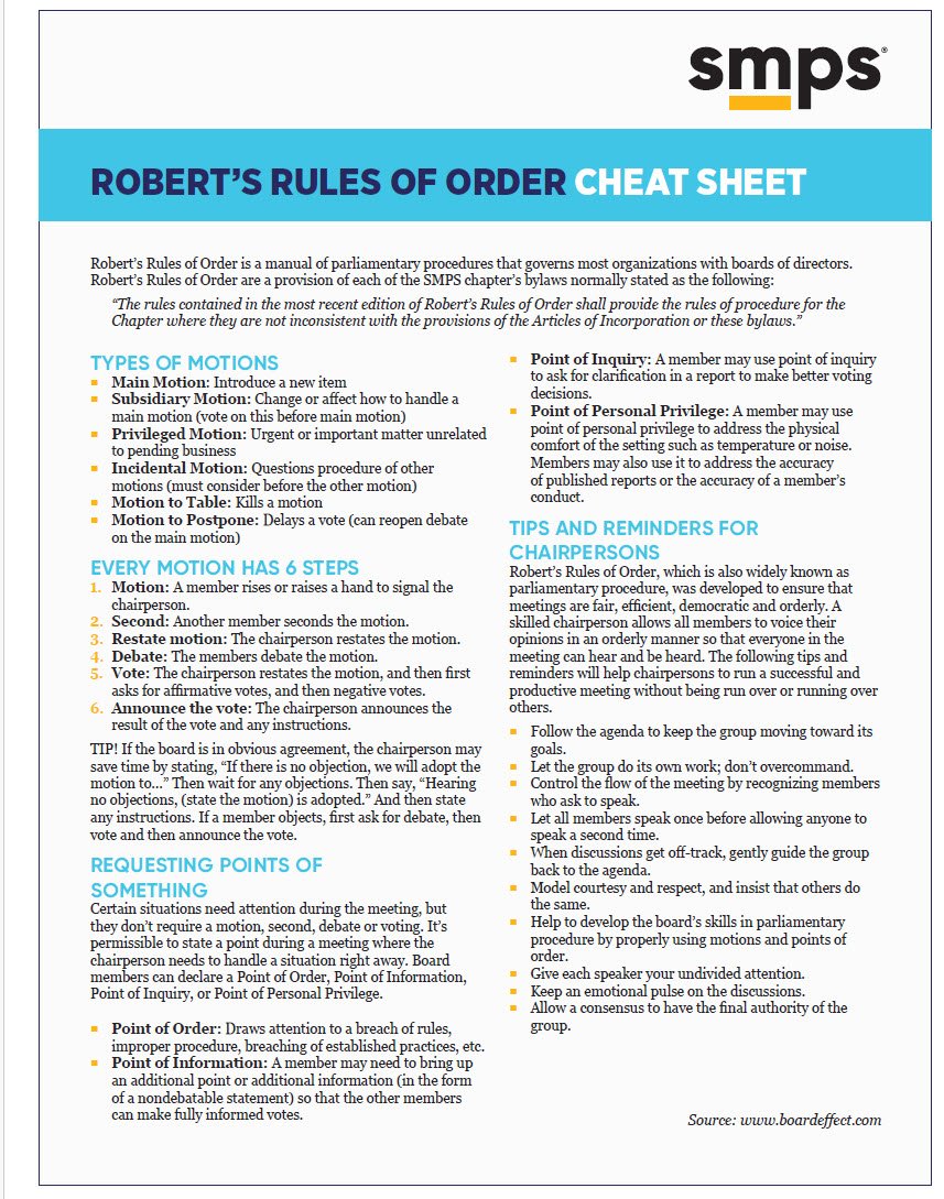 Roberts Rules of Order Cheat Sheet