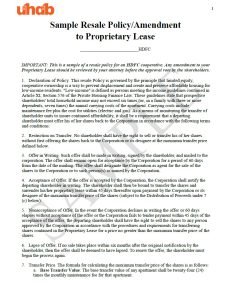 Cover Image Sample Resale Policy Amendment to Proprietary Lease