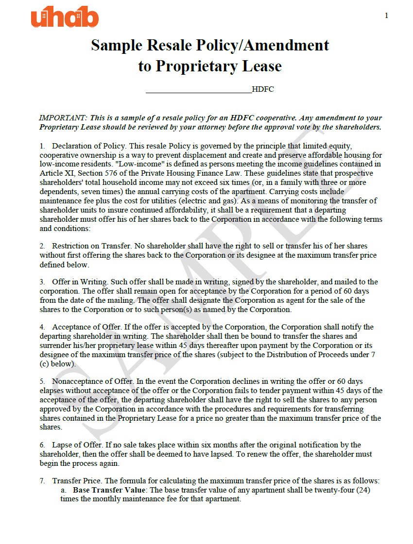 Cover Image Sample Resale Policy Amendment to Proprietary Lease