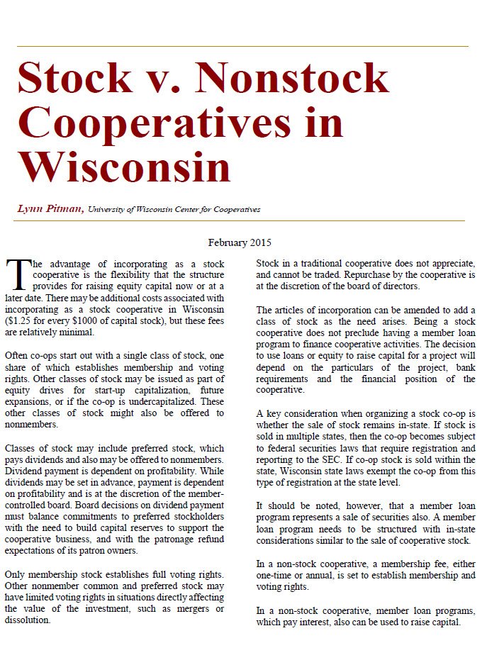 Cover Image Stock v. Nonstock Cooperatives in Wisconsin