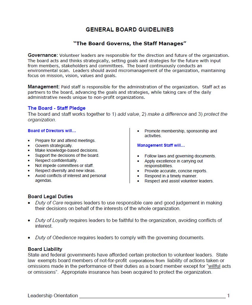 Cover Image General Board Guidelines Board governs and the staff manages