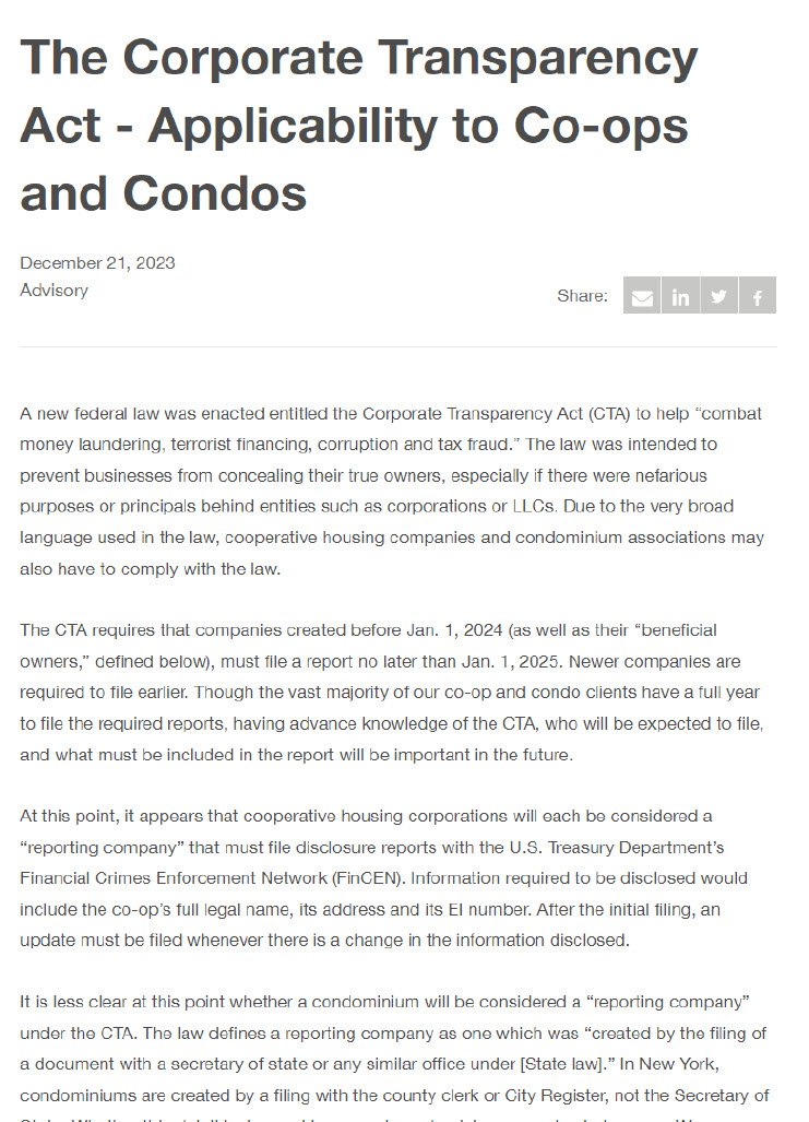 The Corporate Transparency Act – Applicability to Co-ops and Condos