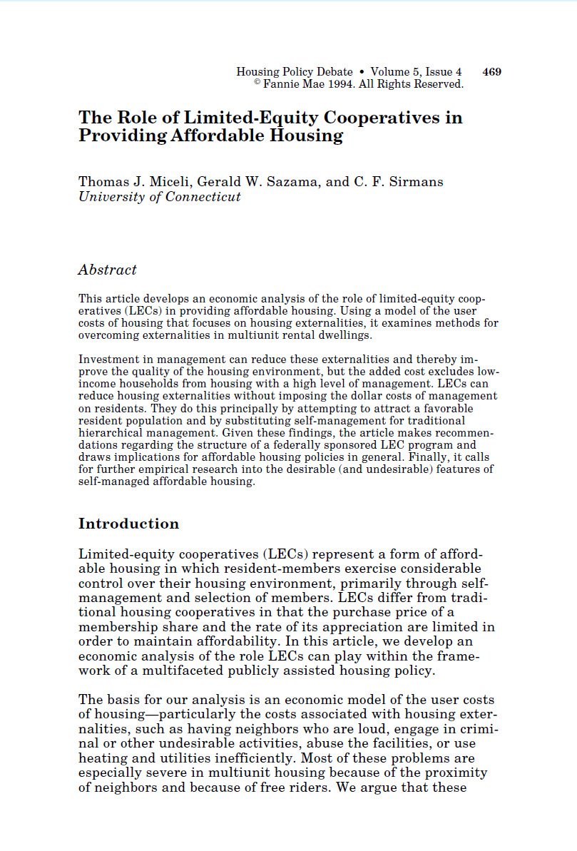Cover Image The Role of Limited Equity Cooperatives in Providing Affordable Housing