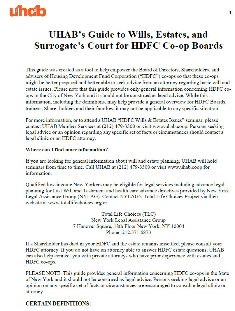 Cover Image UHAB’s Guide to Wills, Estates, and Surrogate’s Court for HDFC Co-op Boards